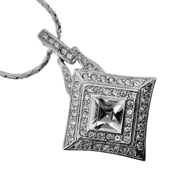 Crown Trifari Signed Square Silver Tone Rhinestone Pendant on Serpentine Chain 2 - Picture 7 of 13